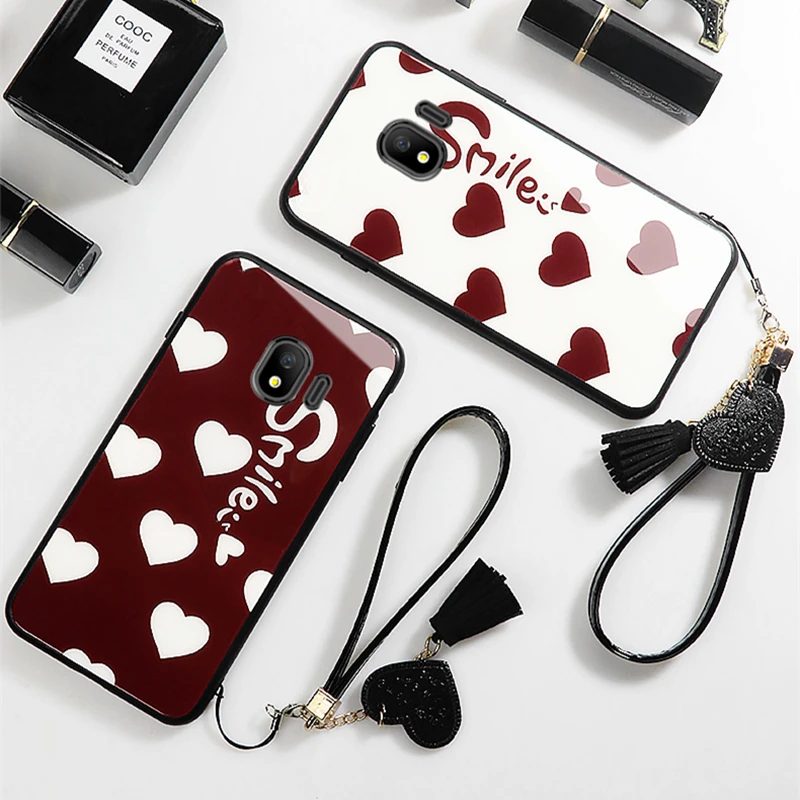 

Case & Strap For Samsung Galaxy J4 J6 2018 Case Glass Hard phone Cover For Samsung j4 j6 Plus 2018 Smile Love Heart lanyard fund