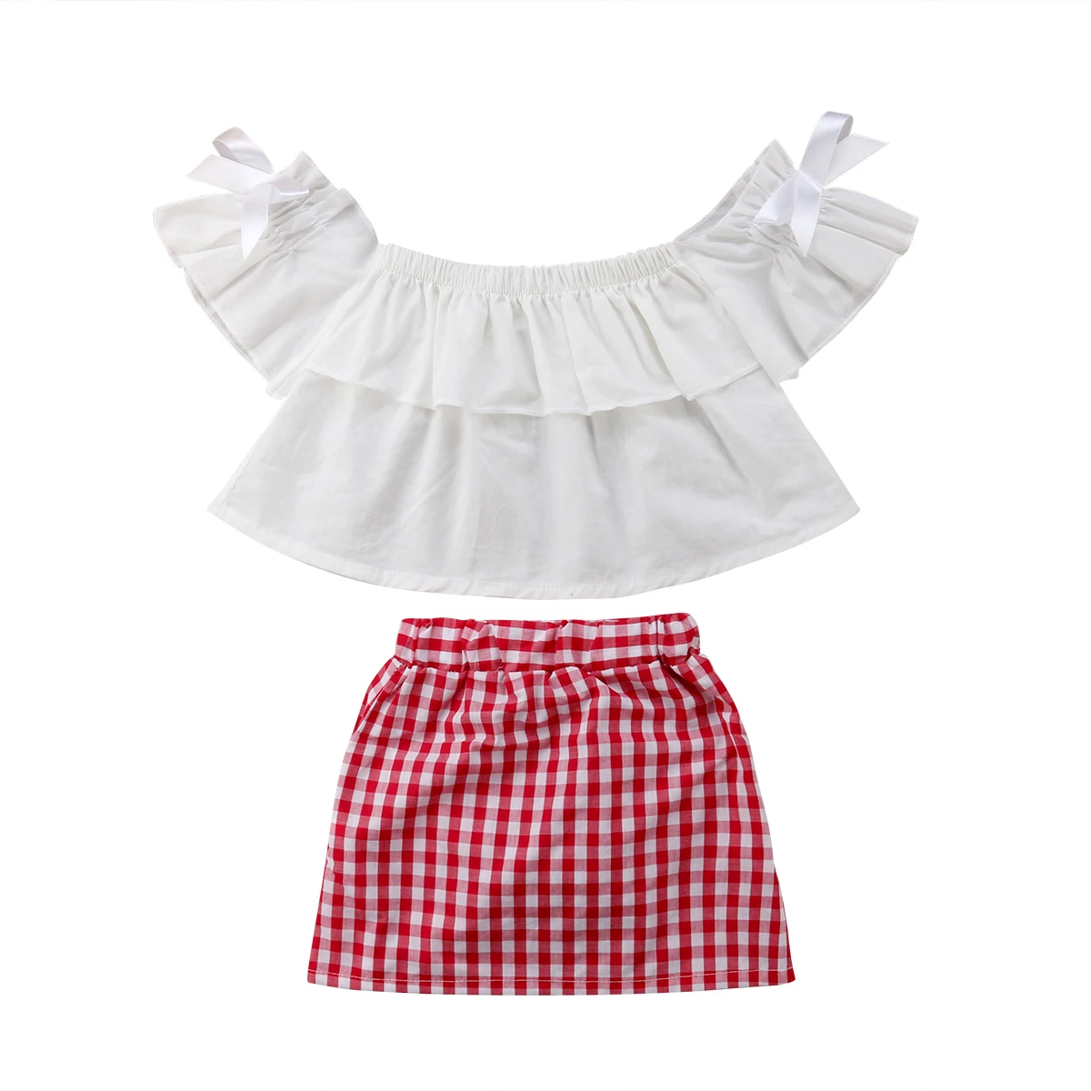 

2018 Fashion Toddler Kids Baby Girl Clothes Off Shoulder Top Lattice Plaid Skirt Outfits Clothing 2PCS