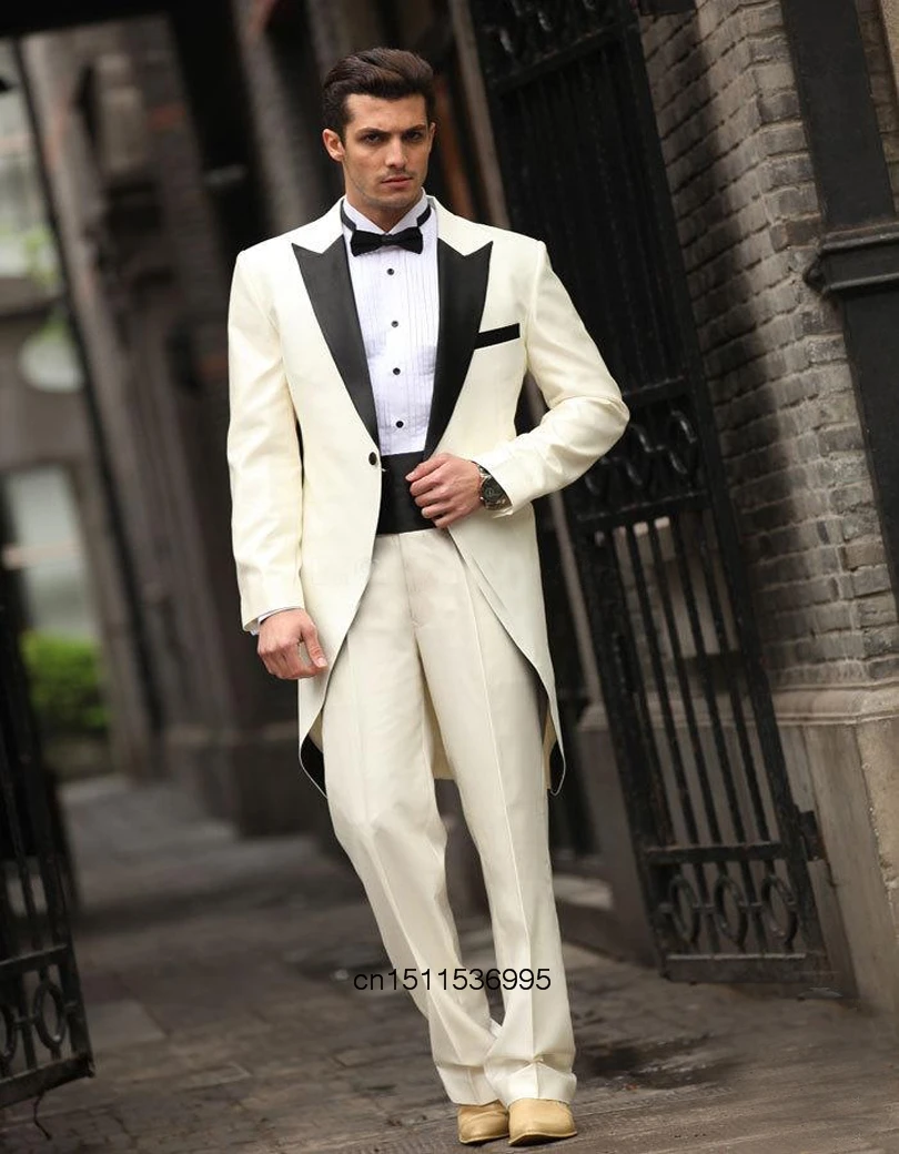 Handsome Tailcoat Ivory Long Coat Groom Tuxedos Groomsman Men's Wedding