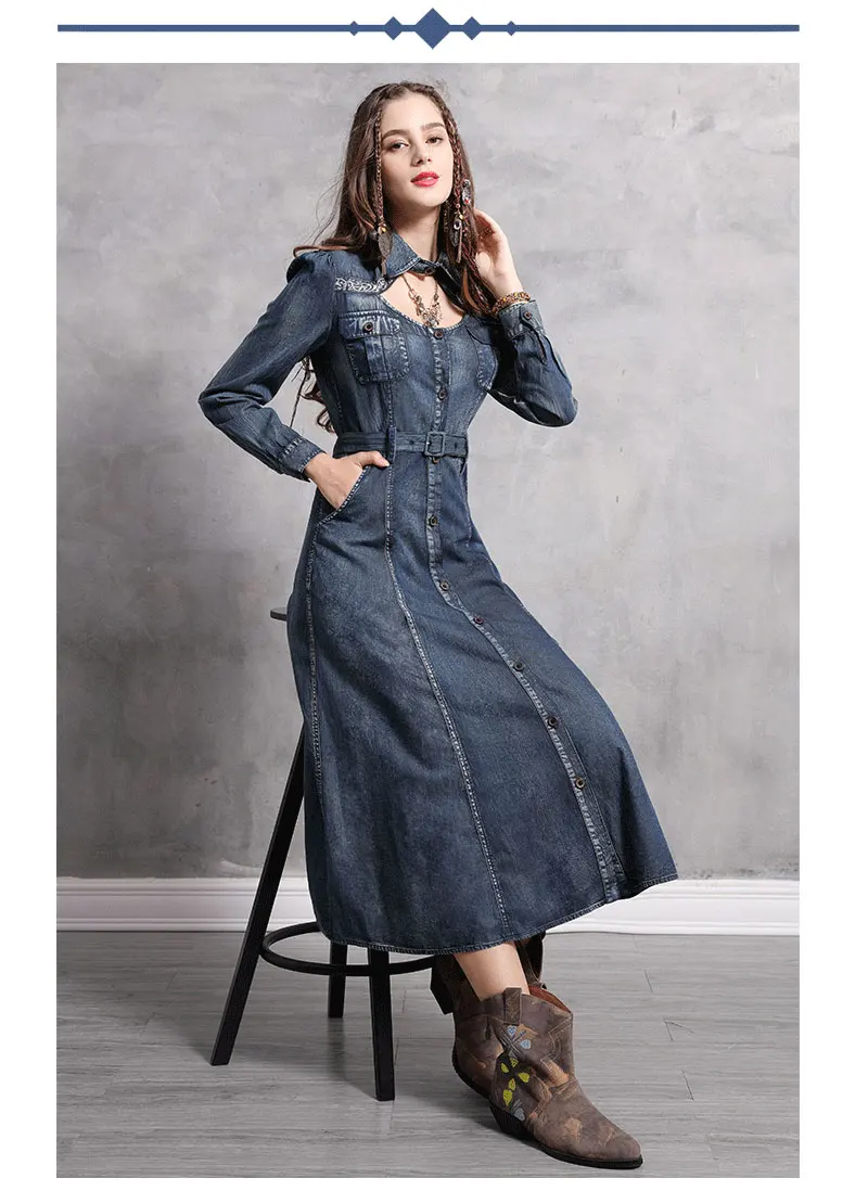 Женское платье Yuzi. may Boho, новые джинсовые женские платья с отложным воротником, винтажная вышивка, пояс с высокой талией, Vestidos A82123