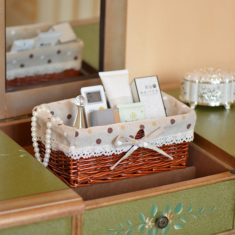 1PC handmade Bow Cosmetic Storage Box Willow Linen Desktop Basket Makeup Cloth Jewelry Food Toys Organizer Sundries Container