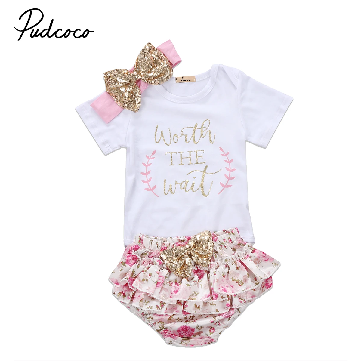 

Fashion Baby Girls Sequin Clothes set 2019 Toddler Short Sleeve Romper Bodysuit + Floral Tutu Pants+headband Outfit Set