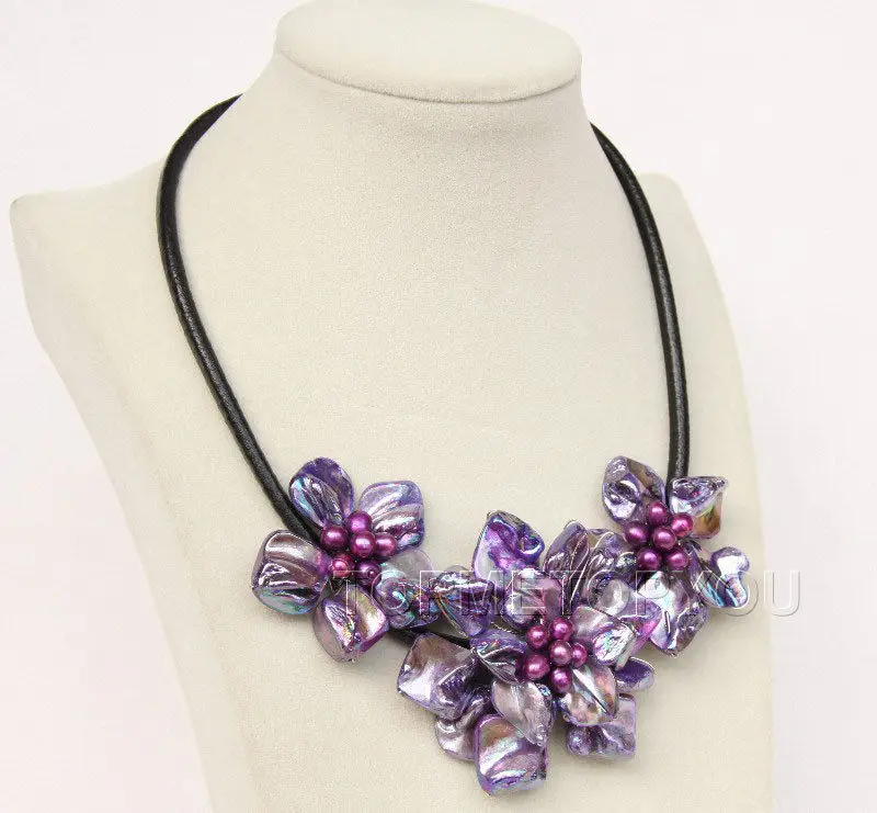 

baroque handcraft bloom purple seashell pearls choker leather necklace e2503@^Noble style Natural Fine jewe FREE SHIPPING