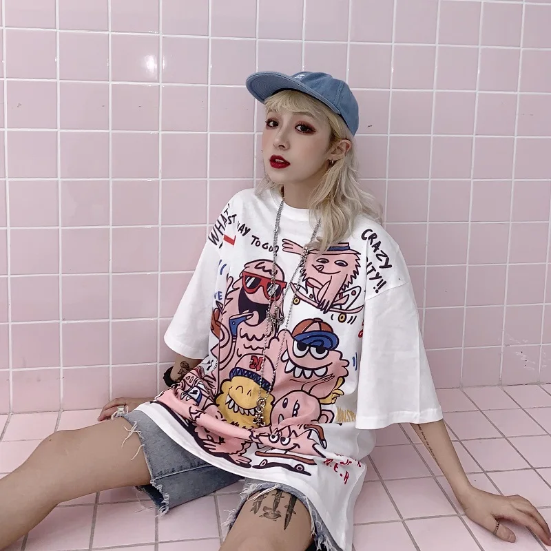 Летняя новая Женская Футболка Harajuku с рисунком каракули, с коротким рукавом и круглым вырезом, розовая Уличная Повседневная футболка, футболки, топы, Femme