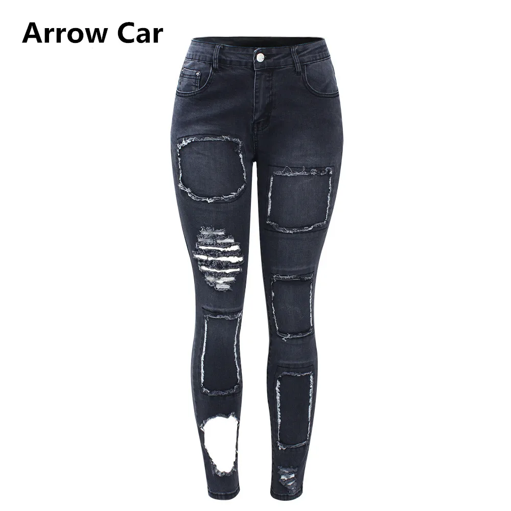 Стрелка Автомобиль Черный Лоскутная джинсы новый Для женщин середины талии рваные эластичные тонкие джинсовые брюки рваные обтягивающие
