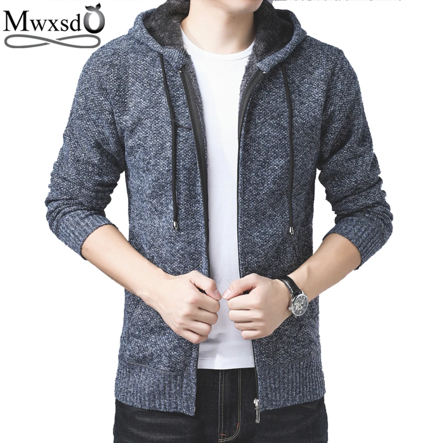 men's knitted thicken hood sweater casual keep warm cardigan