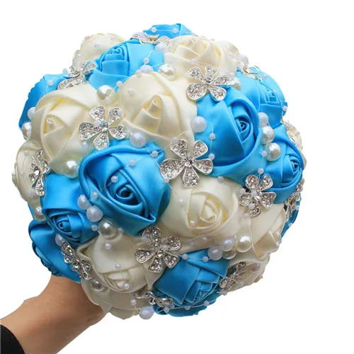 WifeLai-искусственный цветок из шелка черного цвета и слоновой кости, свадебные букеты с кристаллами и жемчугом для невесты, свадебные букеты, цвет на выбор, W224 - Цвет: 18cm lake blue ivory