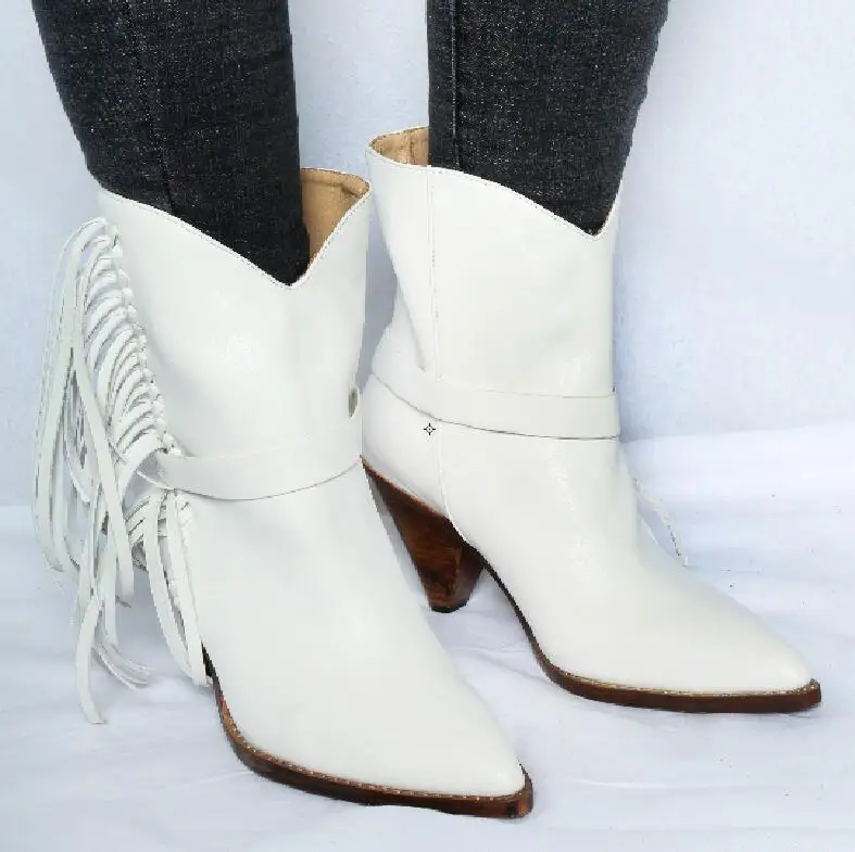 Mouton Mode Slip Sexy Talons Pointu Hiver Bottes automne Fringe Peau Dames mollet Chaussures Aiguilles Chaude De on En Femmes Bout Blanc White Mi w7qrw8x