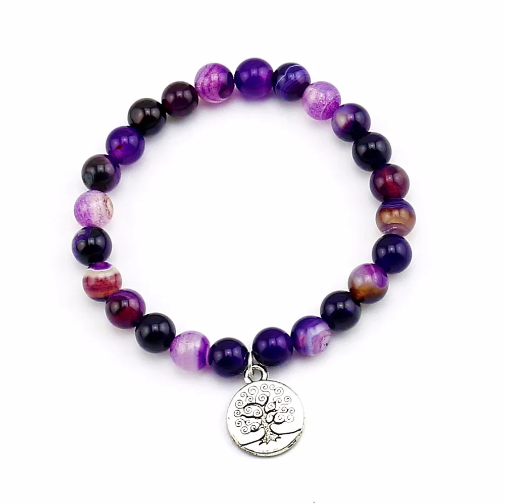 8 мм натуральный фиолетовый полосатый оникс с деревом жизни эластичные браслеты