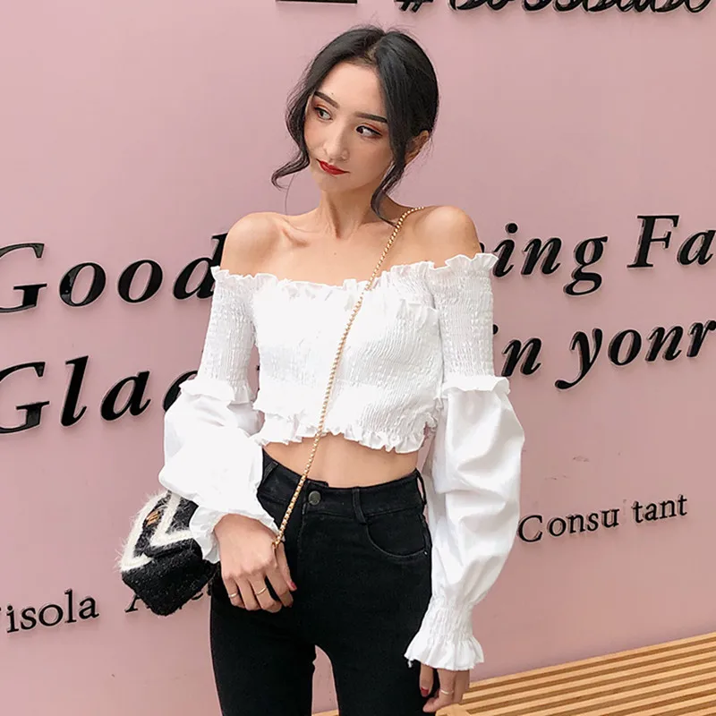 Korean Ladies off shoulder top white long sleeve ruffle blouse slash ...