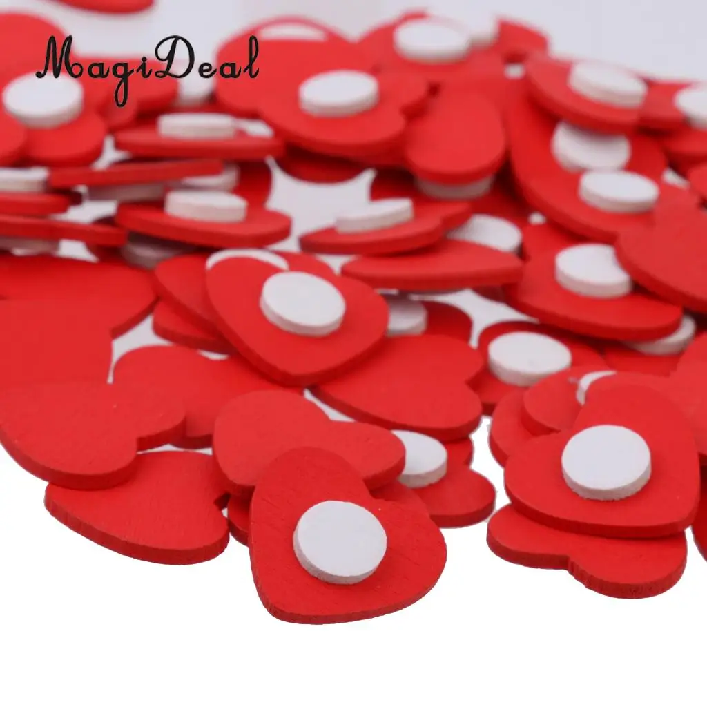 100Pcs Wooden Red Heart with Tape for Scrapbook Craft Wedding Decoration Valentine Day Birthday Party DIY Crafts Decoration 