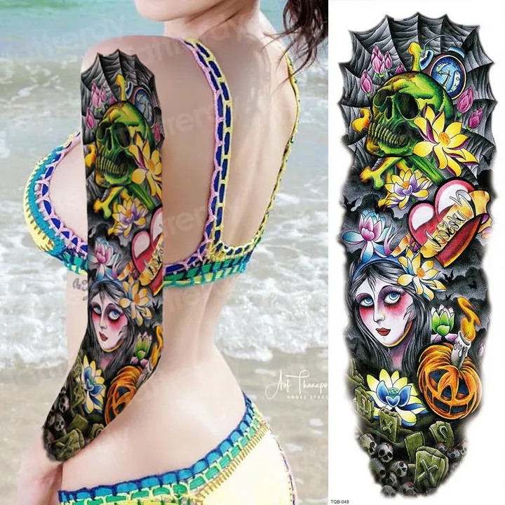 Временная татуировка наклейка Роза смерти переводная вода тату-рукава Девушки Женщины тату& тело искусство супер большая Татуировка мужчины - Цвет: TQB48