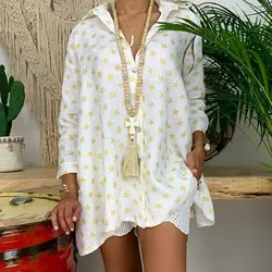 Женская рубашка со звездами и воротником-стойкой, топы с длинными рукавами, летняя пляжная блуза вечерние GDD99