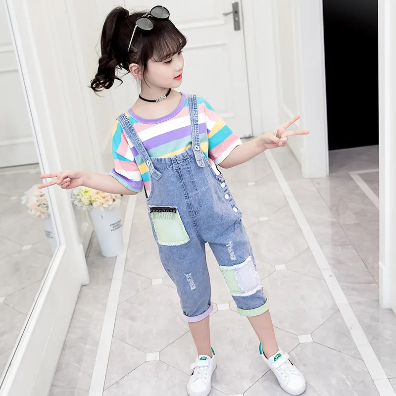 Летняя одежда для девочек; комплект одежды для девочек; Изысканные детские наряды; детская футболка с радугой+ джинсовый комбинезон для малышей от 3 до 13 лет