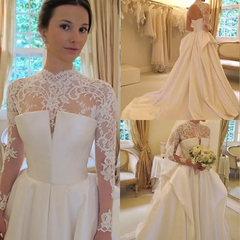 

Vintage Design White/Ivory With Long Sleeves Sexy Open Back Taffeta A-Line Lace Wedding Dress Bridal Gown 2016 AQ-500