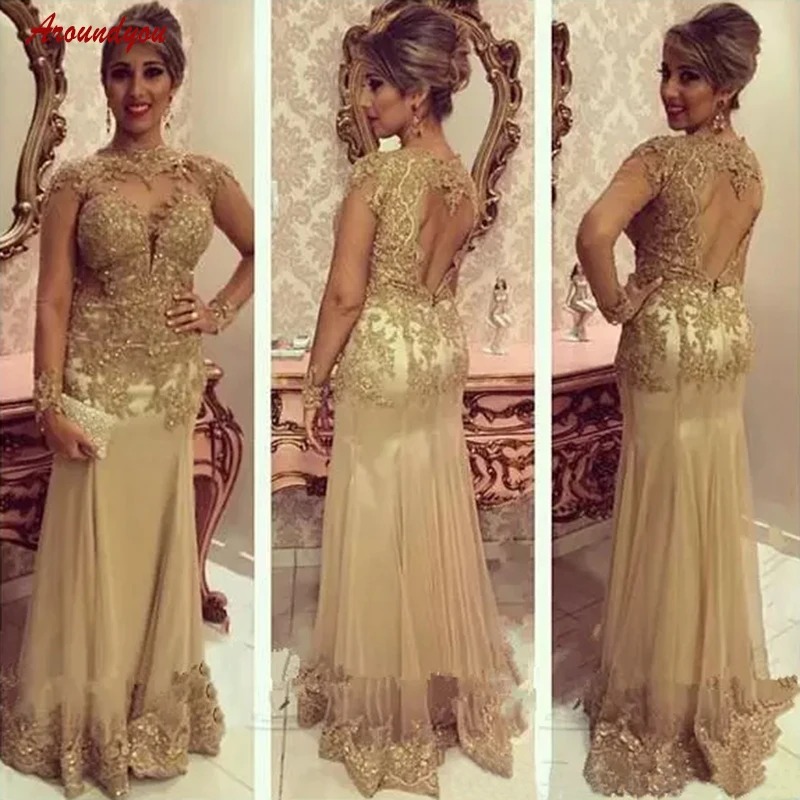 

Gold Lace Mother of the Bride Dresses for Wedding Party Plus Size Sexy Evening Gowns Groom Godmother Dinner Dresses 2018