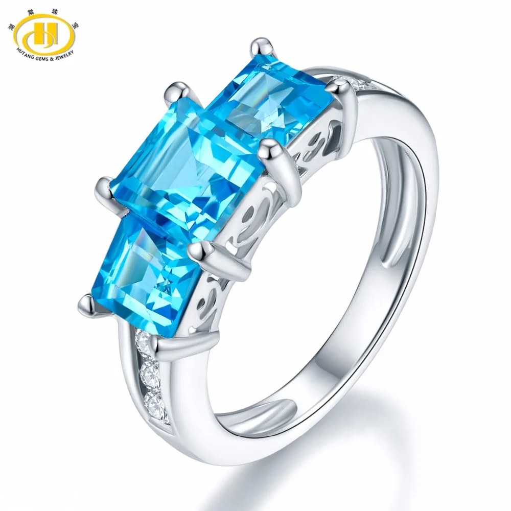 

Hutang Nature Three-stone Real Nature Bule Topaz Ring Solid 925 Sterling Silver Gemstone Fine Jewelry Wedding Women Party Gift