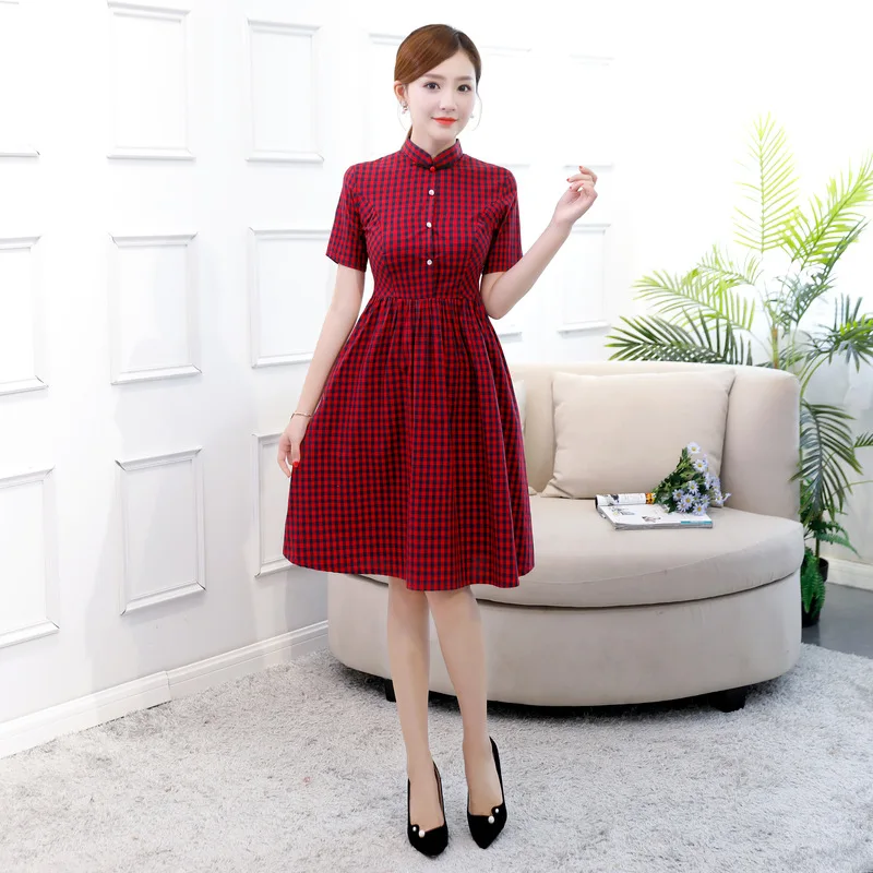 

2019 Knee Length Cheongsam Vintage Chinese Mandarin Collar Dress New Womens Summer Qipao Slim Party Dresses Vestido S-XXL