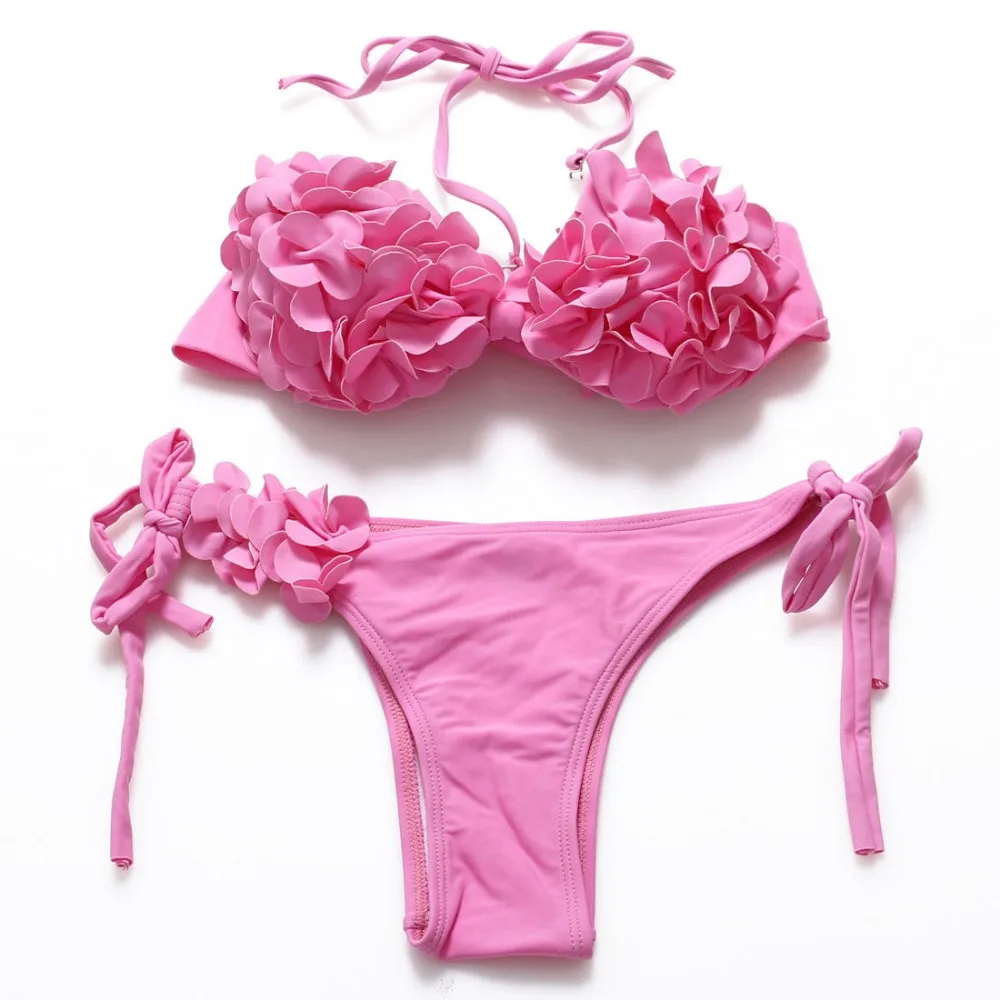 Judina Sexy Bikini Set 2017 New Flower Design Swimwear Women Swimsuit Three Dimensional Pink