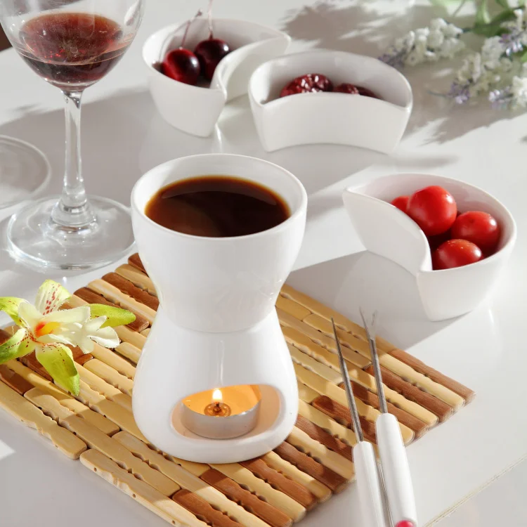 

Free shipping 120 ml Ceramic chocolate fondue ice cream pot set cheese hot pot fondue sets with fork and candle butter warmers