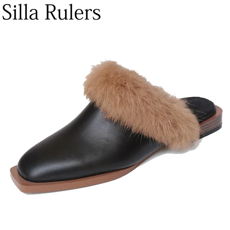 

Silla Rulers 2018 Fashion Ladies Rabbit's Hair Half Slippers Round Toe Closed Toe Slacker Slippers Flat Outside Women's Slippers