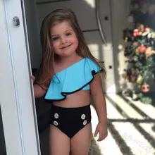 Summer Kids Baby Girls Solid Print Ruffles Swimwear Swimsuit Bikini Outfits(Blue