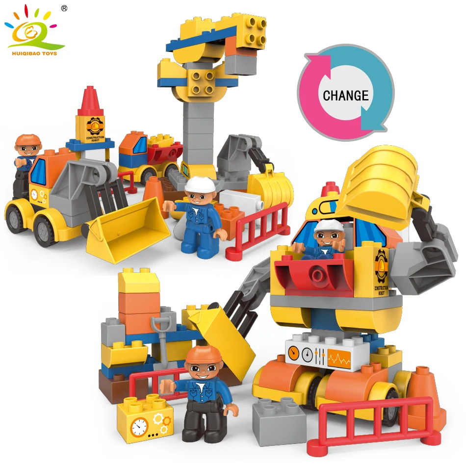 

63pcs Engineering Vehicle Transform Robot Big Size Building Blocks Compatible Legoed Duplo City Mecha Hobbies Toys For Children