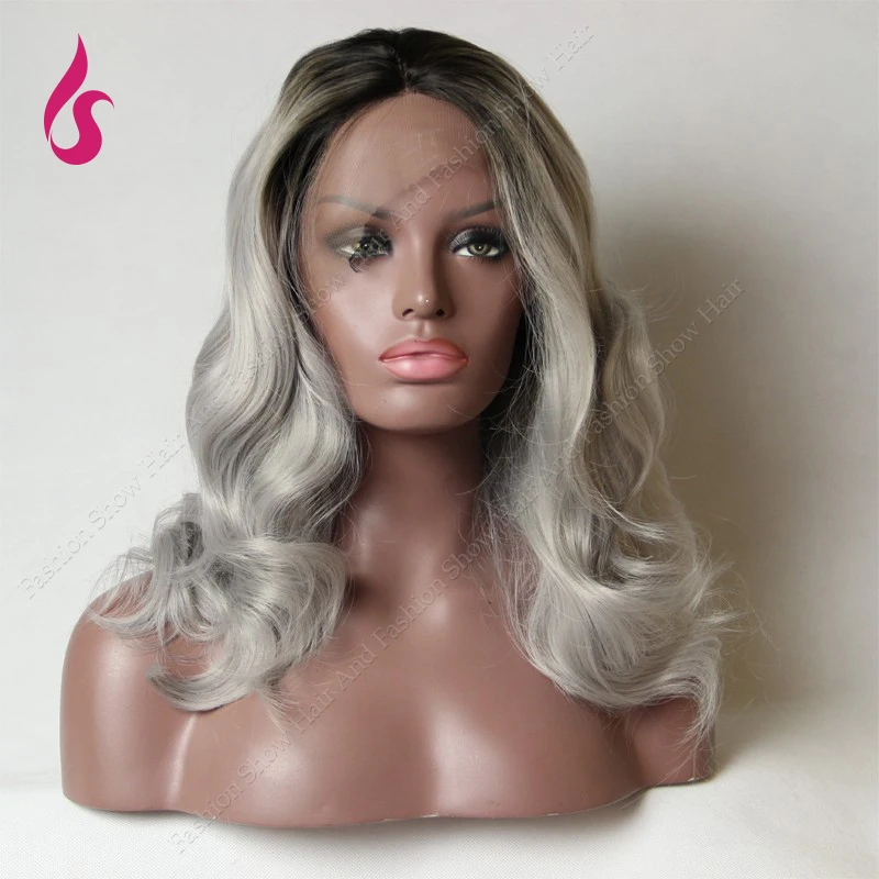 

Fashion Ombre Black Gray Heat Resistant Body Wave Synthetic Lace Front Wigs for Black Women !