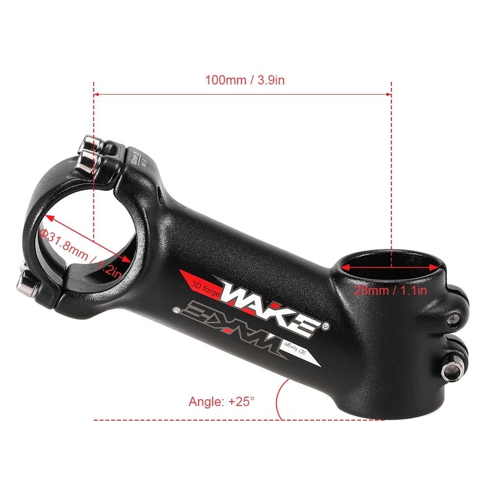 Wake Stem 31.8mm MTB Front Rod Stem Part 60/70/80/90/100mm Aluminum Alloy Road Bike Stem 25 Degree Bicycle Handlebar Stem