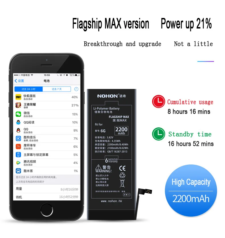 Оригинальный батарея nohon на для iPhone 6 6G 2200 мАч Max Ёмкость замены батареи литий