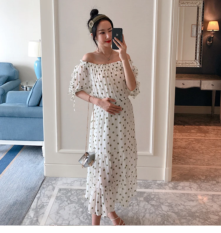 Sweet Dot Printed Chiffon Maternity Long Dress Summer Korean Fashion Clothes for Pregnant Women Pregnancy Drop Shipping