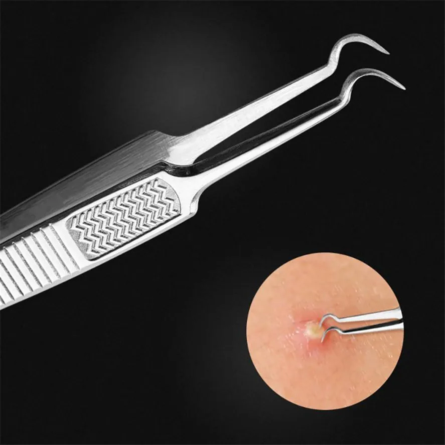 

OutTop 1Pcs Bend Curved Facial Extractor Blackhead Acne Tweezers Needle Blemish Remover Stainless Steel Acne Extractor Tool