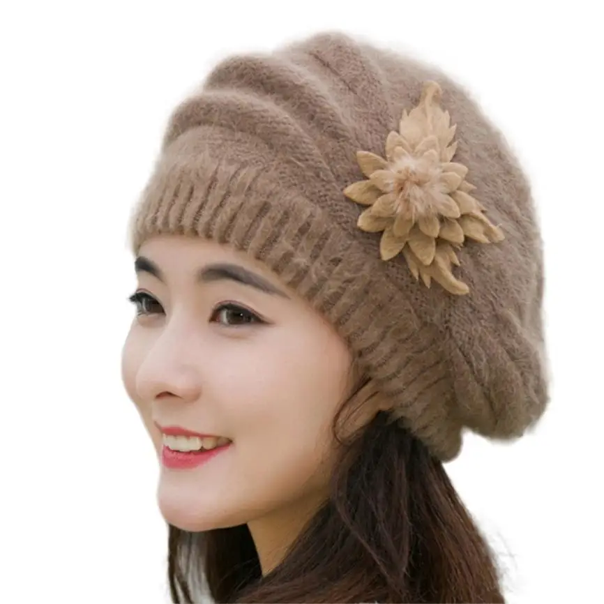Новые модные женские цветок вязать вязаный крючком Шапка-бини зима теплая Кепки берет Женская шляпка Se29GBY