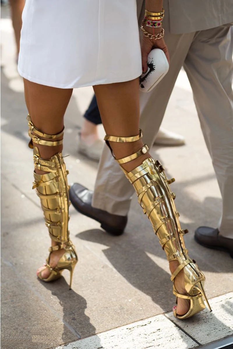 Luxury Gold Leather Women Sandals Buckle Strap Hollow Out Over Knee Boots Sexy Open Toe Stiletto High Heels Summer Shoes Woman