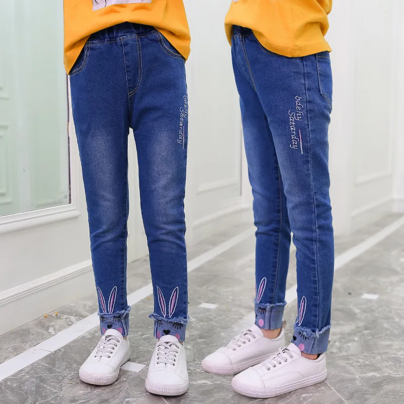 Джинсы для девочек; весенние хлопковые джинсы с принтом кролика; детские брюки; узкие леггинсы для девочек; От 3 до 14 лет детские штаны; YW01
