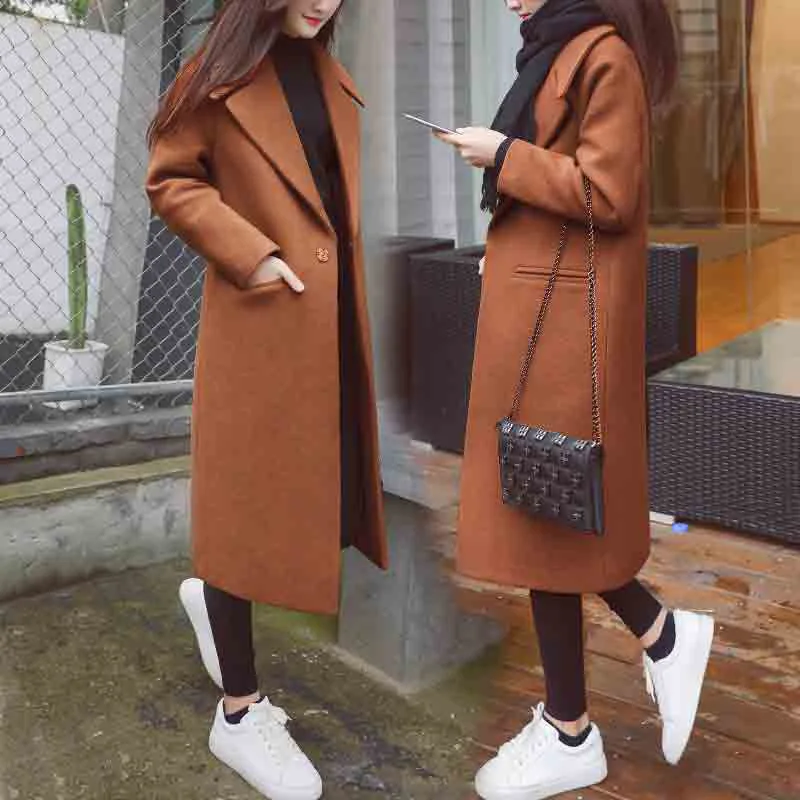 

Autumn and Winter New Women's Korean Slim Was Thin Woolen Coat Pure Color Long-sleeved Temperament Long Section Casual Jacket