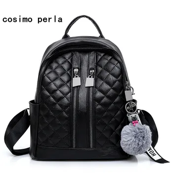 

Black Diamonds Lattice Backpacks Soft Leather Travel School Bags for Girls Fashion Female Plush Fur Ball Bear Plaid Day Rucksack