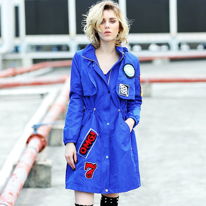 Autumn Women Blue Long Sleeve Trench Coat Cartoon Patch