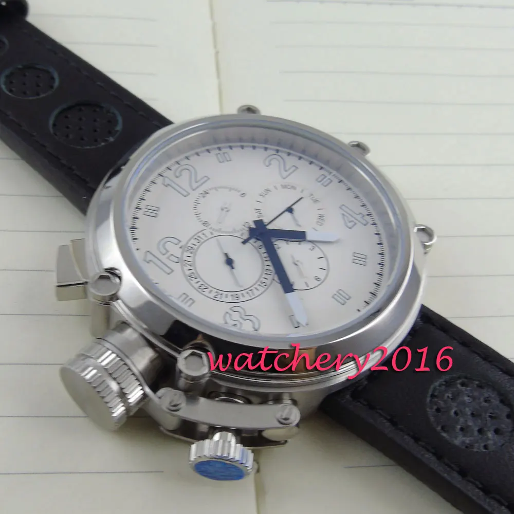 Parnis 50mm White Dial Black Stainless Steel Case Leather Strap