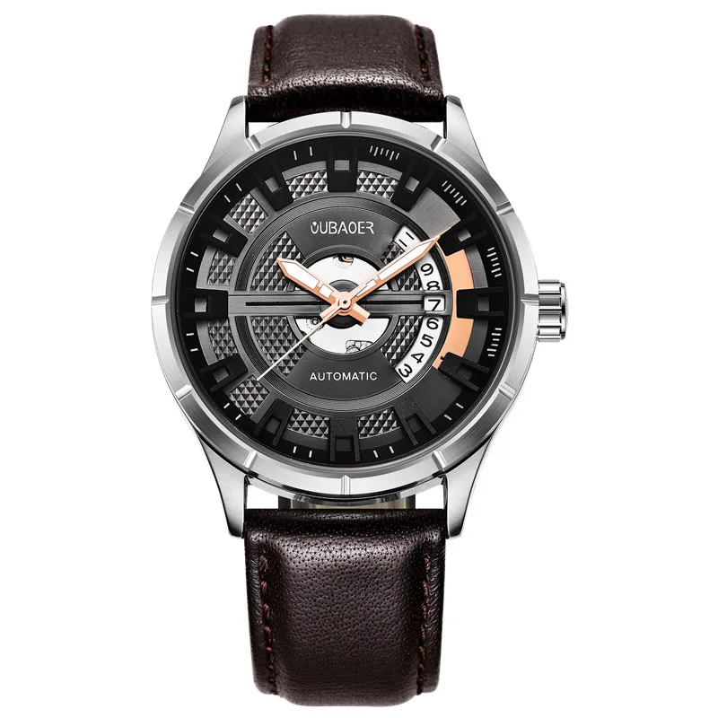 OUBAOER автоматические механические мужские часы из натуральной кожи часы с скелетом лучший бренд класса люкс спортивные военные мужские наручные часы - Цвет: OB202303