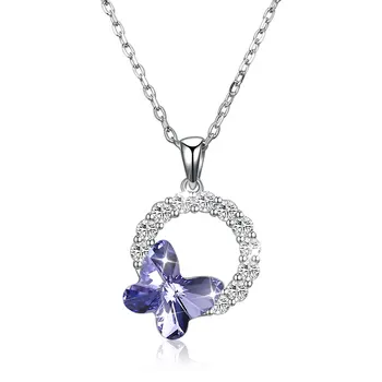 

S925 sterling silver butterfly romantic round pendant necklace Crystals From Swarovsk For Women Girl Gifts Chain Kids Jewelry