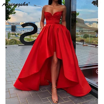 

Simple Red Sweetheart Evening Party Gown Satin High Low Prom Dress with Pockets Plus Size Prom Dresses 2019 Long