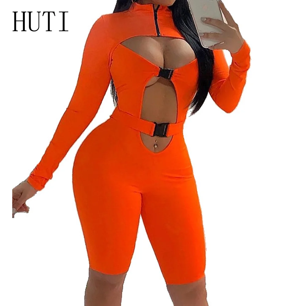 

HUTI Sexy Women's Irregular Open Chest Buckle Orange Jumpsuit Romper Long Sleeve Zipper Bodysuit Women Elegant Bodycon Playsuit