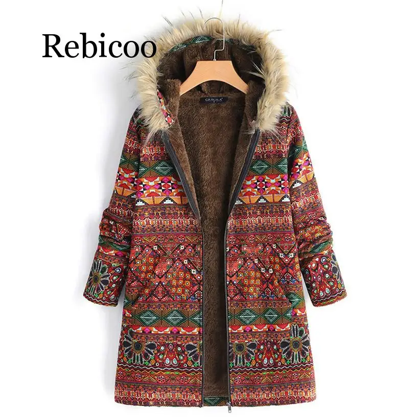 

Rebicoo 2019 Newly Design Fashion Women Boho Warm Coat Fur Hood Woman Large Plus Size Overcoat Female Thick Fleece Jackets Woman