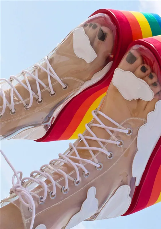 Clear PVC Transparent Lace-Up Rainbow Platform Heels Sandal Boots Cloud Print Comfortable Casual Shoes image 4