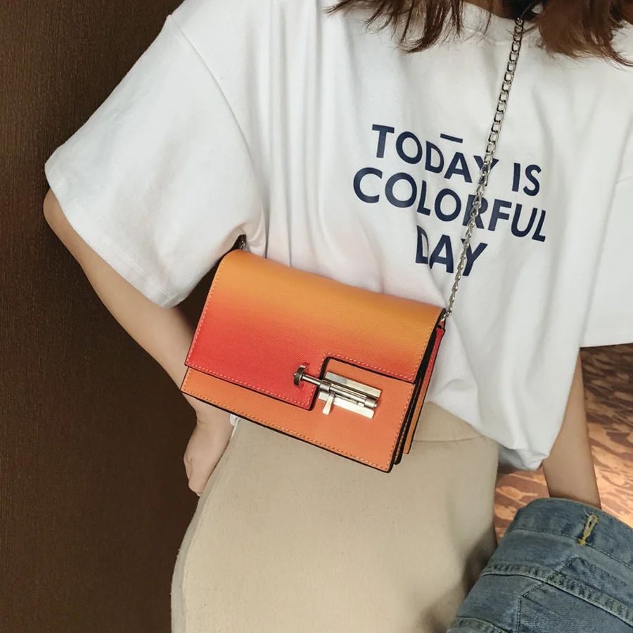 

Fashion Gradient Women Crossbody Bags Designer Lock Lady Shoulder Bag Small Square Bag Rainbow Messenger Bag Summer Purses 2019