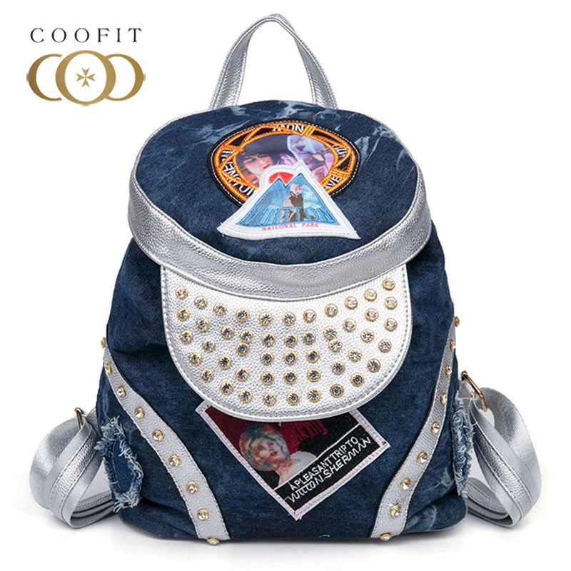 

2018 Fashion Denim Women Female Backpack Special Design Rivet Cartoon Print School Bagpack For Girls Students Drawstring Daypack