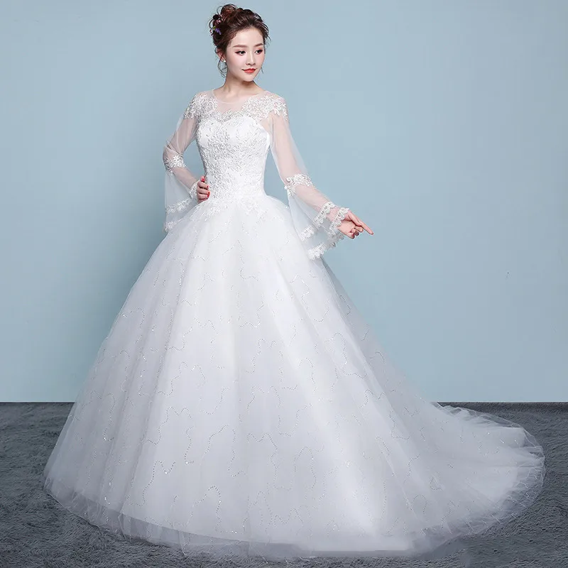 

Ladies Wedding Dress White Long Sleeves Wide Cuff Embroidery Wedding Gown DC156
