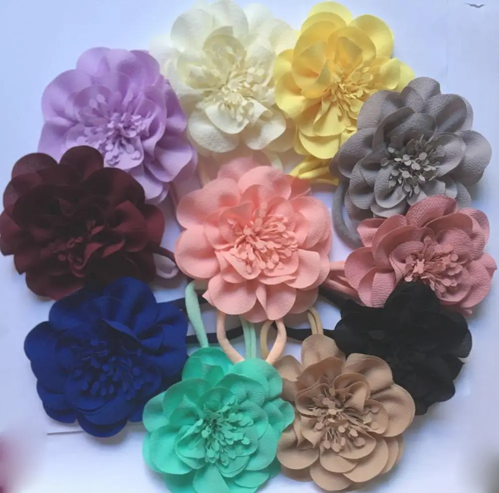 

30pc/lot 4" Chiffon Flower with Skinny Thin Nylon Headbands Children Girls Turband Headwraps Hair Accessories