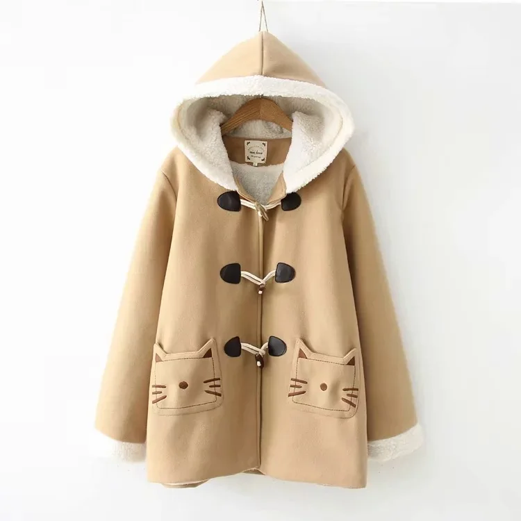 Утепленное шерстяное зимнее пальто с капюшоном, с роговыми пуговицами, с вышивкой кота, с двумя карманами, 44529
